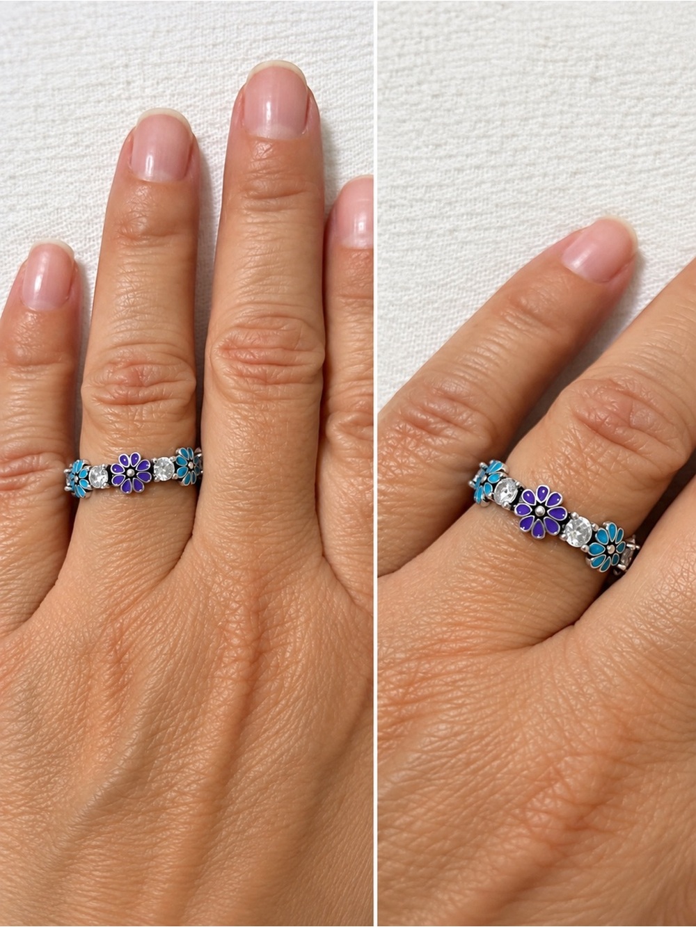 Silver Floral Enamel Ring with Blue & Purple Flowers